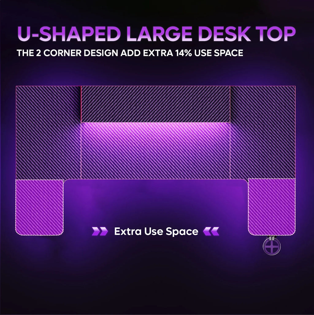 U-Shaped Gaming Desk with Monitor Stand, LED Lights, Headphone Hooks, Cup Holder, 31.5 X 59 In, Carbon Fiber Black