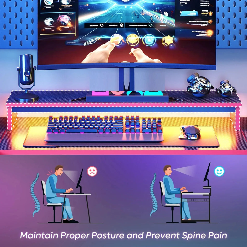 U-Shaped Gaming Desk with Monitor Stand, LED Lights, Headphone Hooks, Cup Holder, 31.5 X 59 In, Carbon Fiber Black