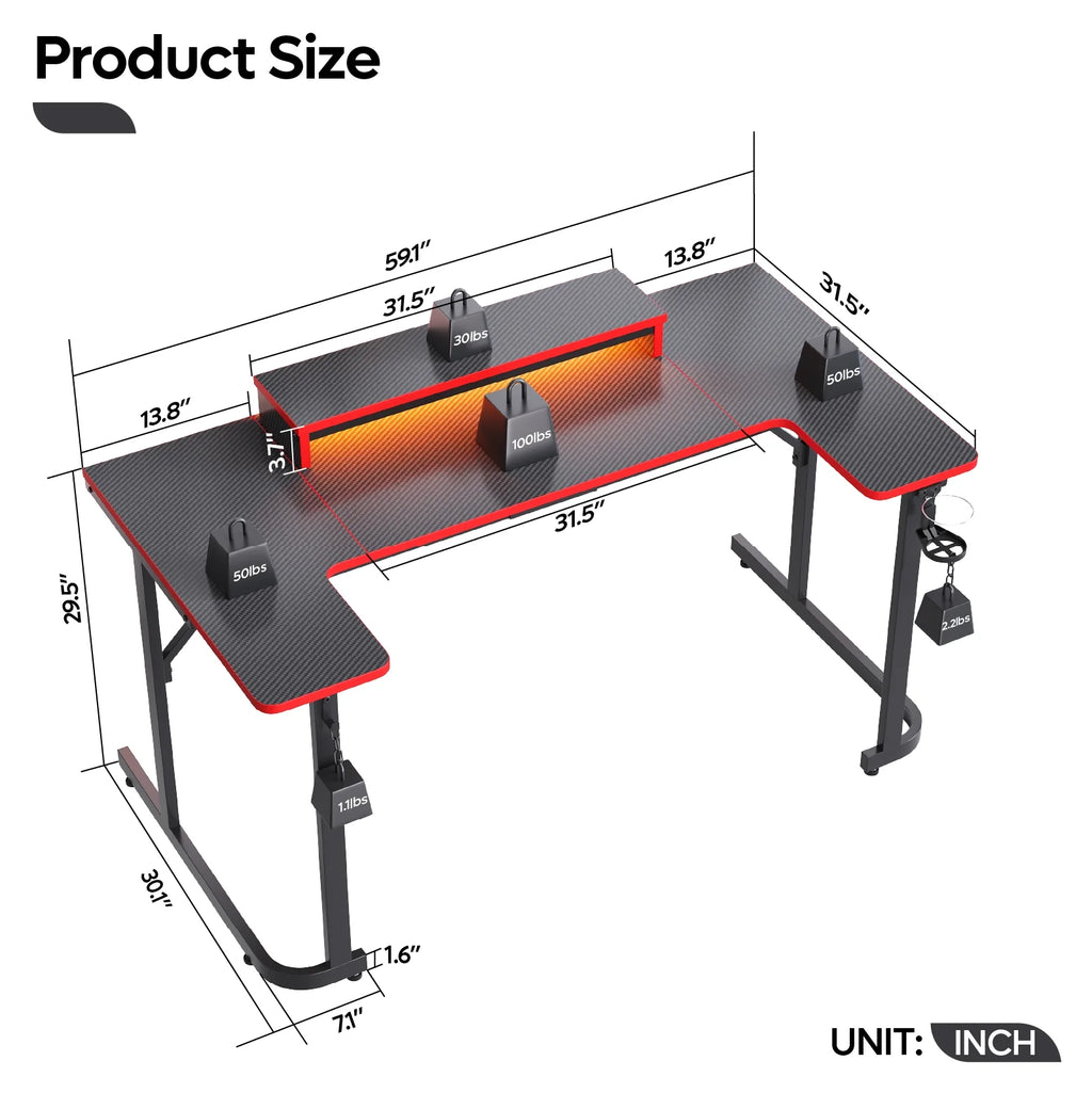 U-Shaped Gaming Desk with Monitor Stand, LED Lights, Headphone Hooks, Cup Holder, 31.5 X 59 In, Carbon Fiber Black