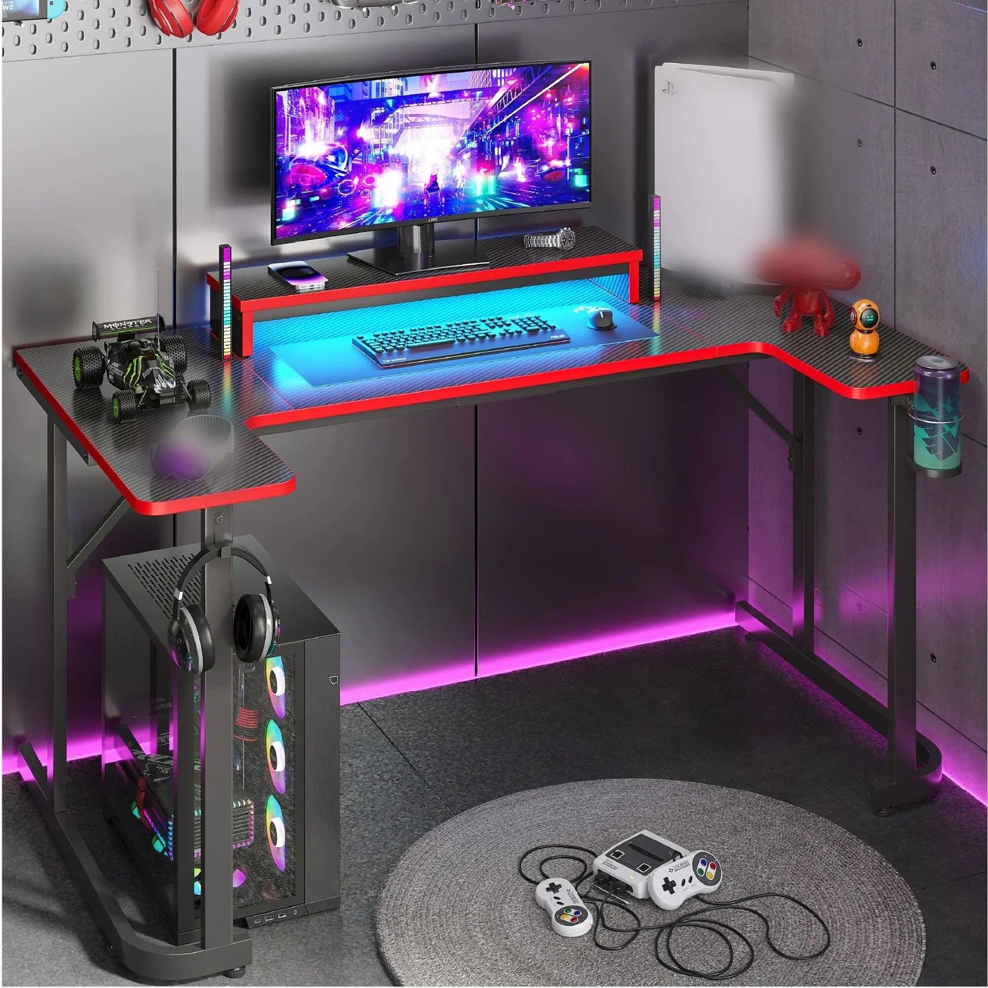 U-Shaped Gaming Desk with Monitor Stand, LED Lights, Headphone Hooks, Cup Holder, 31.5 X 59 In, Carbon Fiber Black