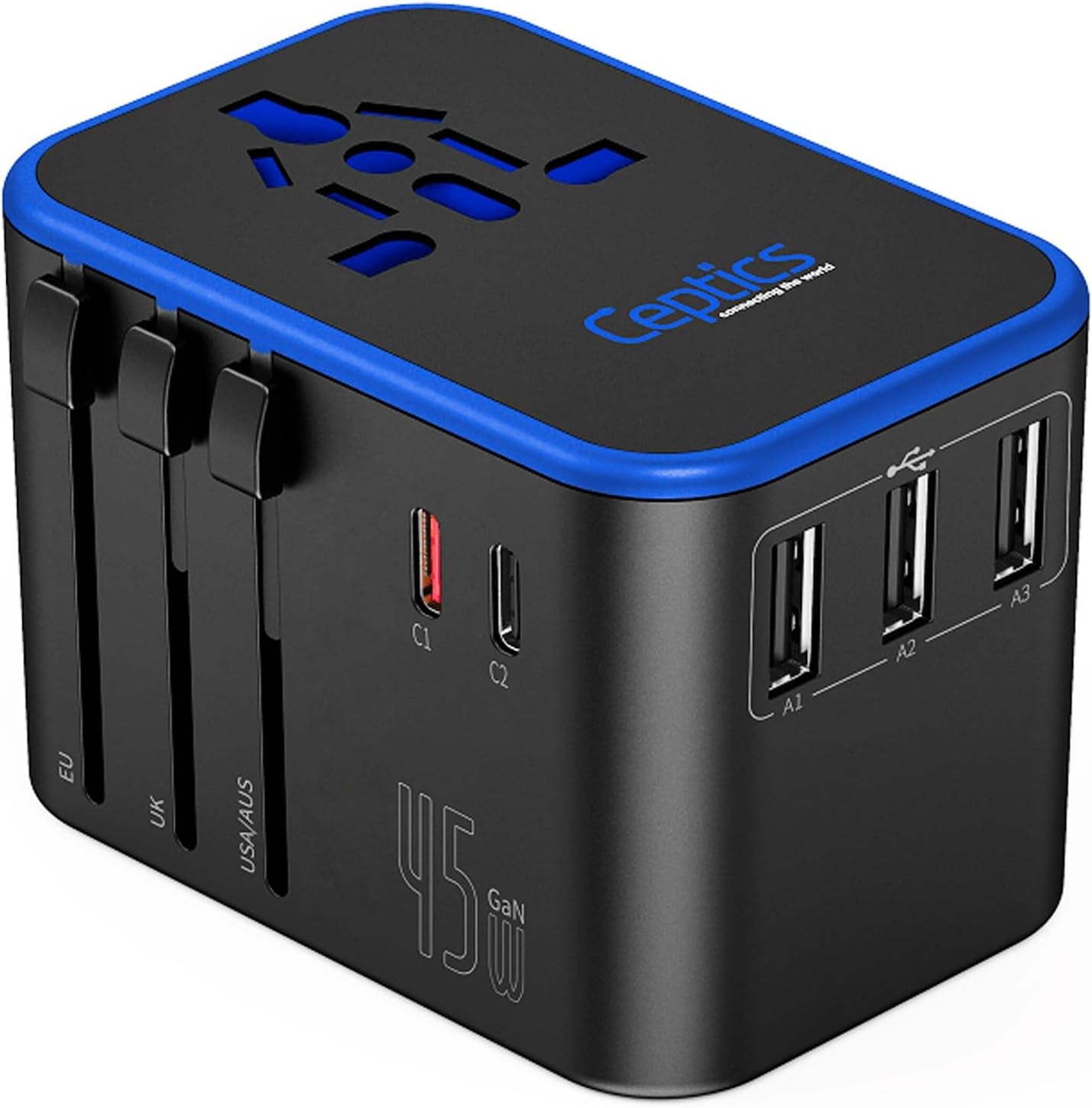 Universal Travel Adapter, 45W International Power Adapter with PD & QC 3.0 Dual USB-C, 3 USB Travel Adapter Worldwide, Type I C G a Outlets 110V 220V A/C - EU Euro US UK (11-KU)