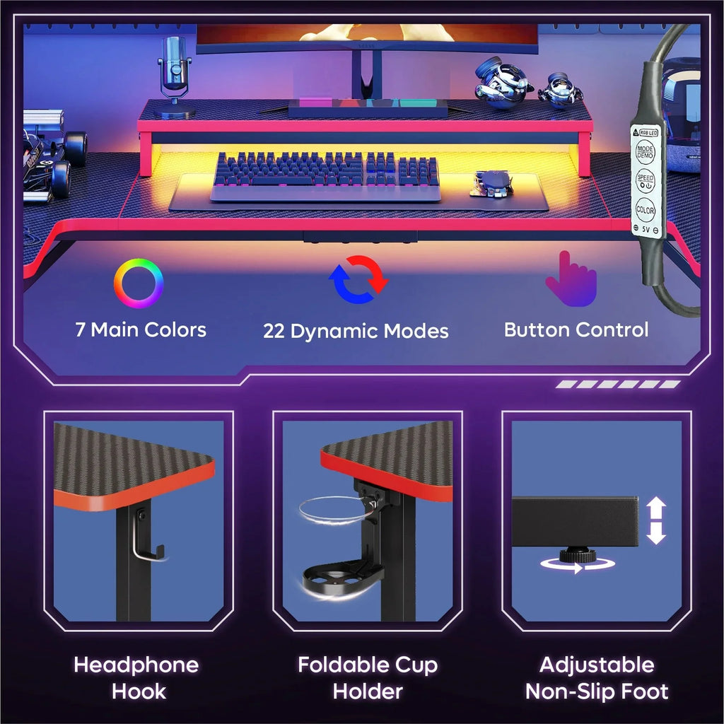 U-Shaped Gaming Desk with Monitor Stand, LED Lights, Headphone Hooks, Cup Holder, 31.5 X 59 In, Carbon Fiber Black