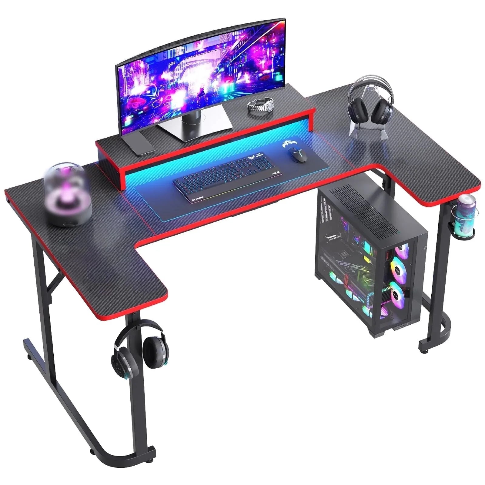 U-Shaped Gaming Desk with Monitor Stand, LED Lights, Headphone Hooks, Cup Holder, 31.5 X 59 In, Carbon Fiber Black
