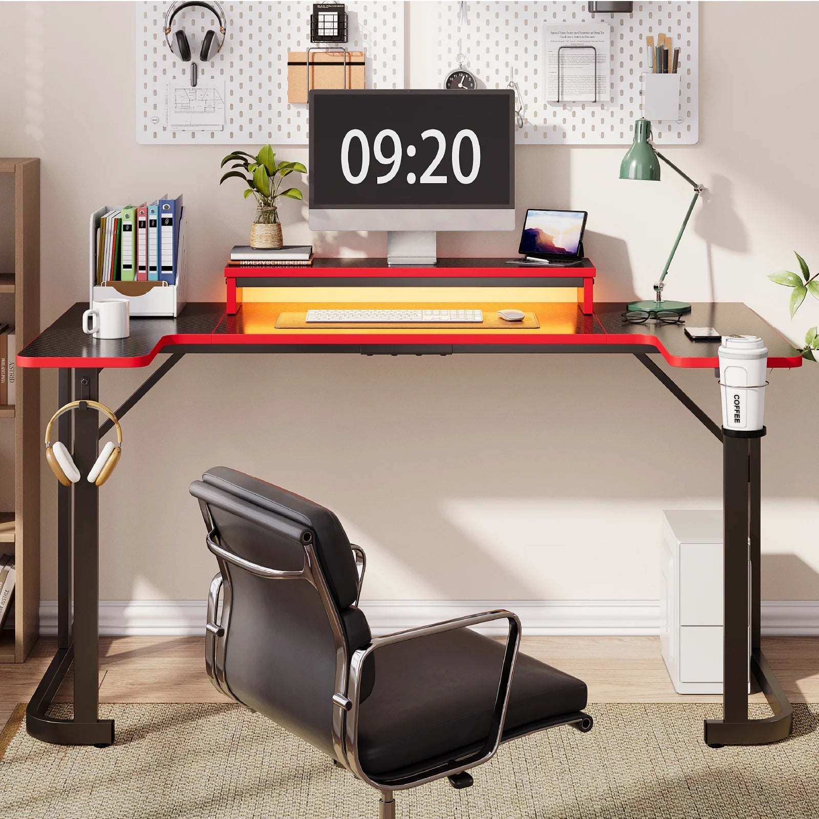 U-Shaped Gaming Desk with Monitor Stand, LED Lights, Headphone Hooks, Cup Holder, 31.5 X 59 In, Carbon Fiber Black